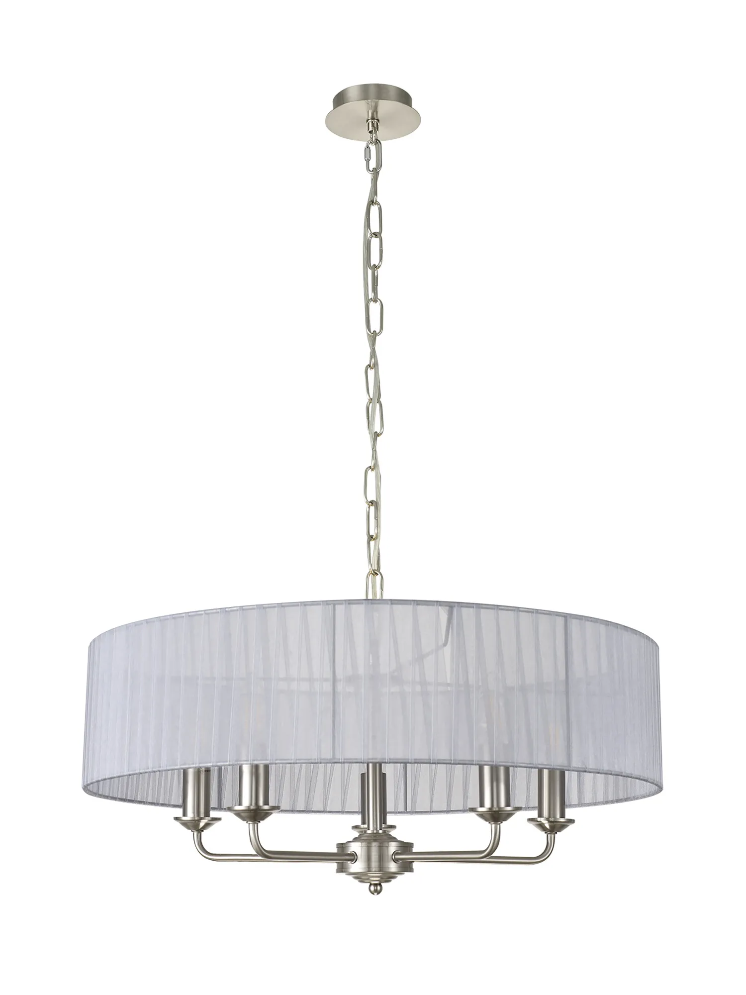 Banyan 5 Light Multi Arm Pendant With 60cm x 15cm Organza Shade Satin Nickel/Grey DK0880  Deco Banyan SN GR